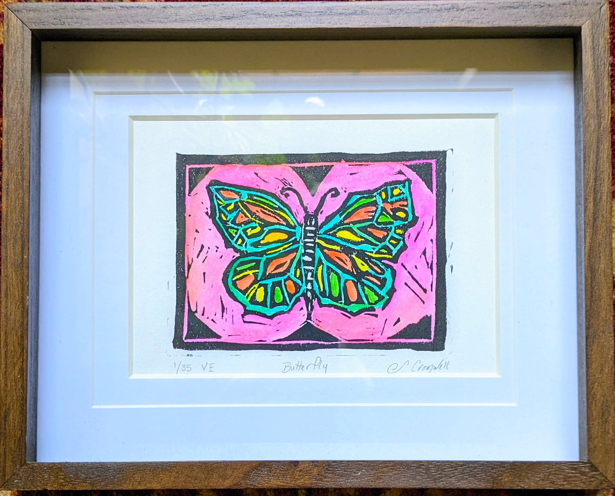 Signed 4-Inch Linoleum Block Print of a Butterfly with Birds - Farfalla