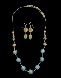 African Blue Green Glass & Brass Set