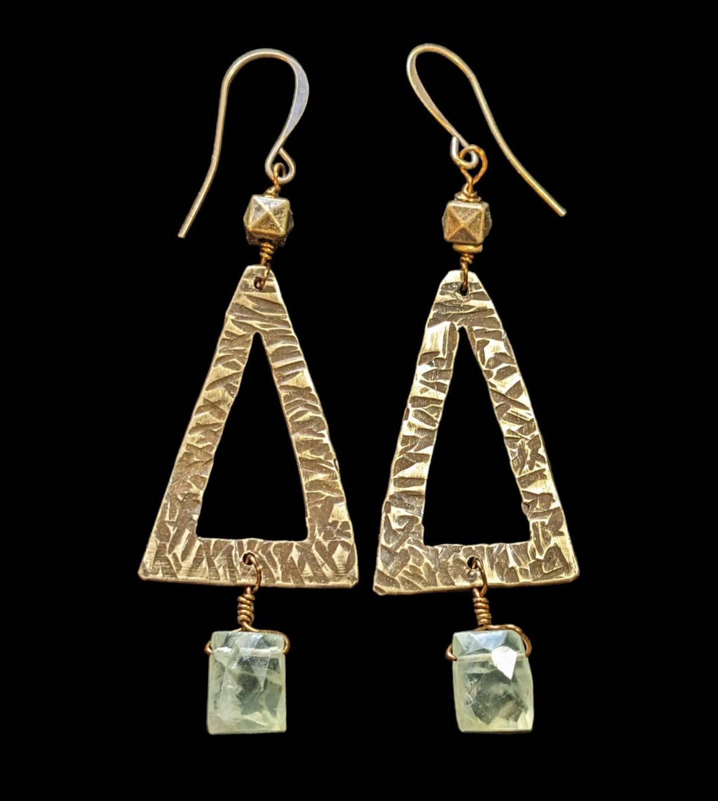 brass triangle & prehnite earrings