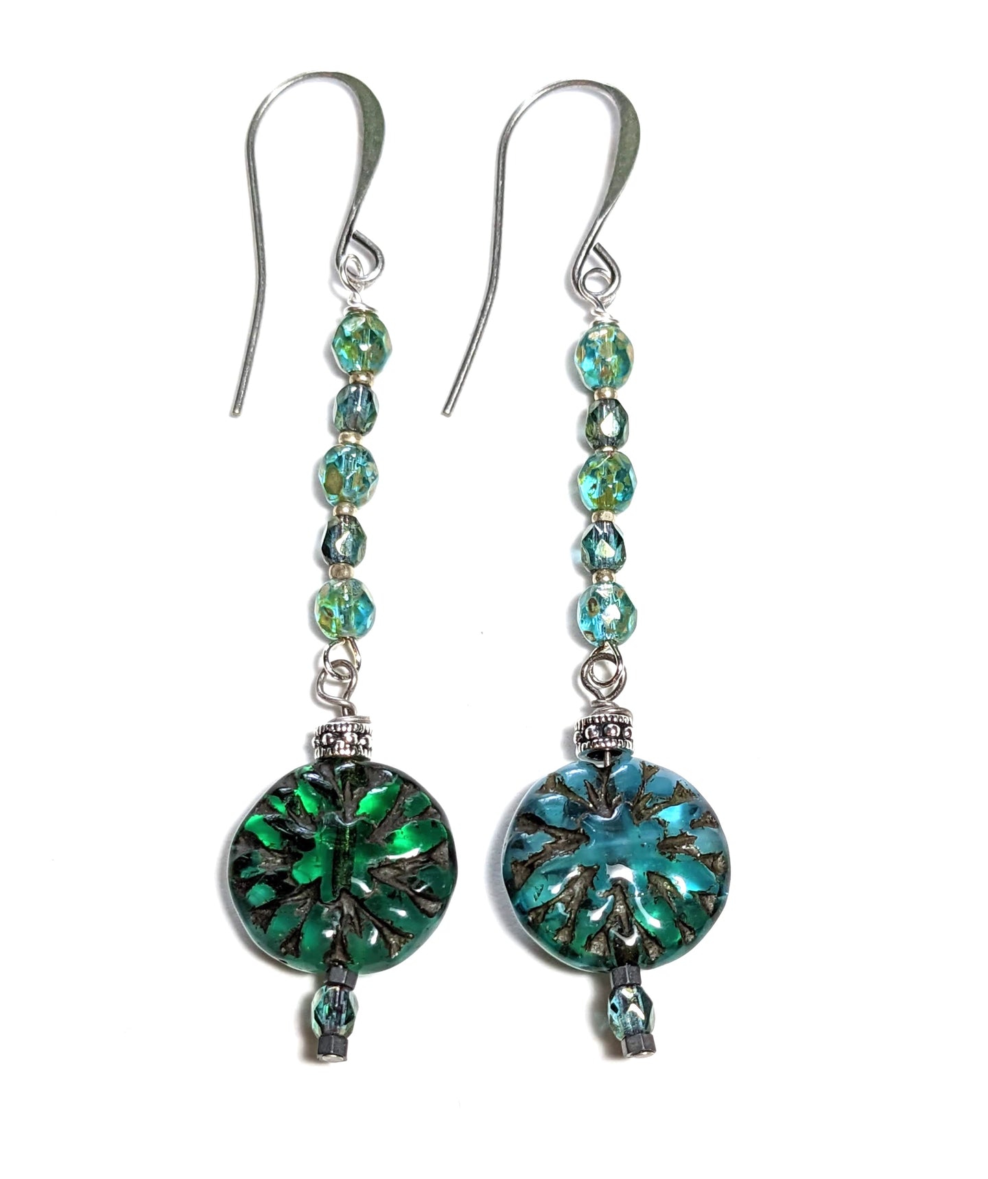 emerald czech flower earrings