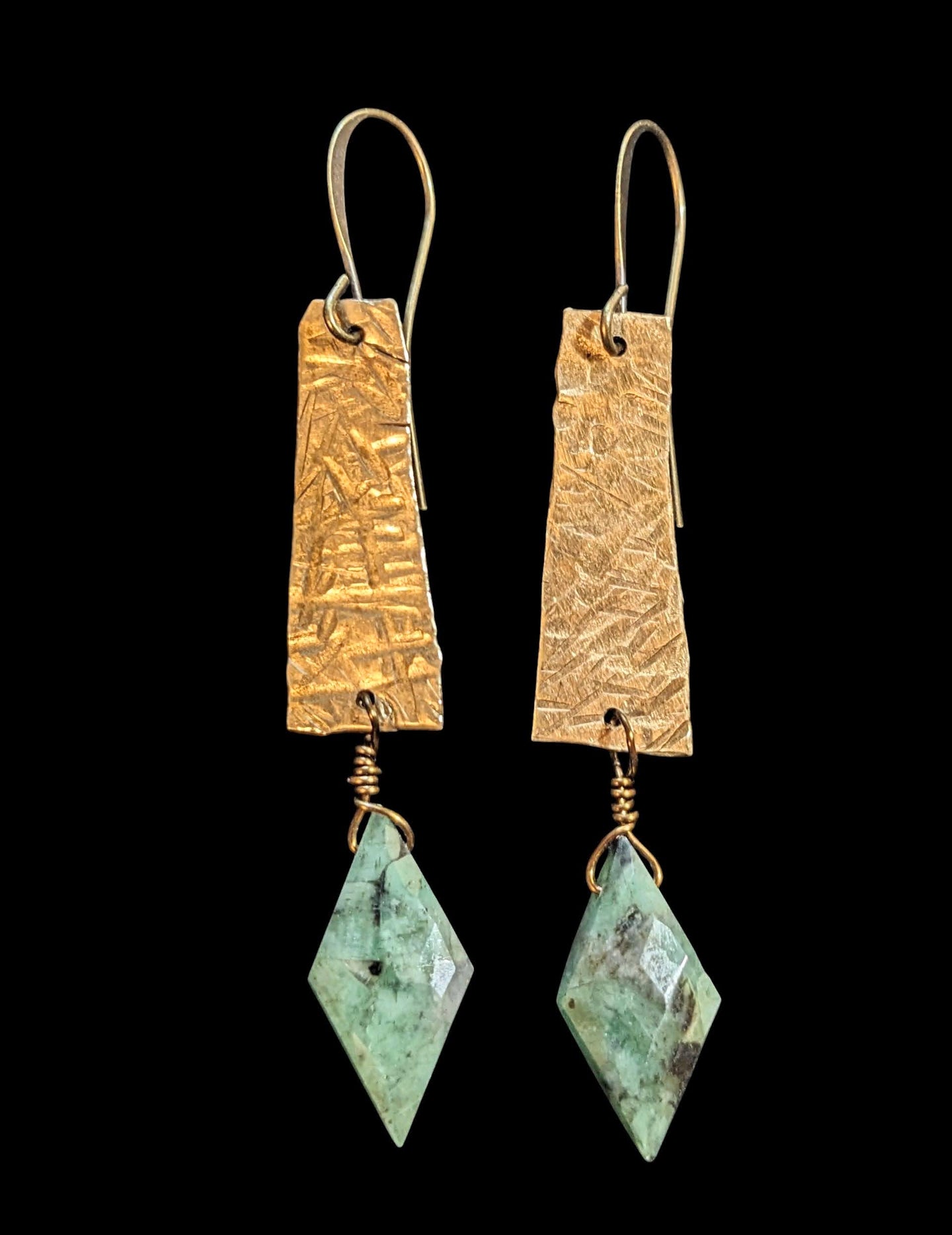 hammered brass & emerald earrings