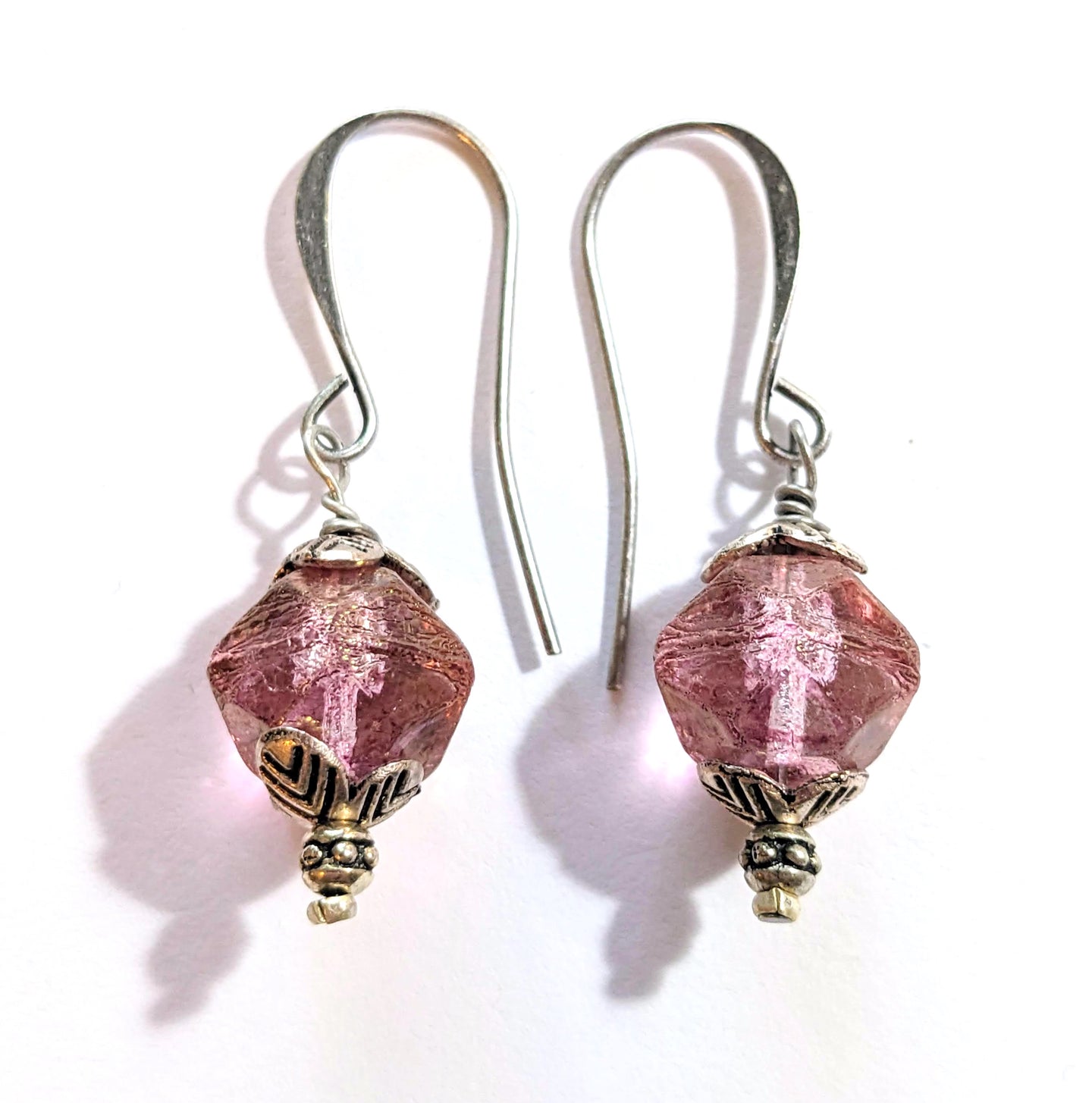 pink faceted czech glass earrings