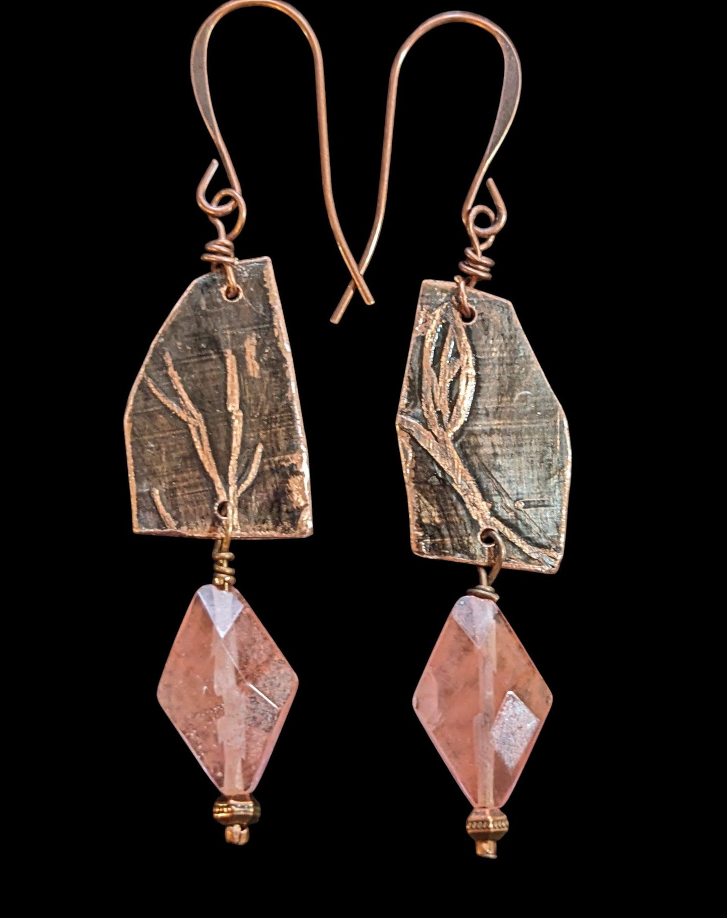 freeform copper & strawberry quartz botanical earrings