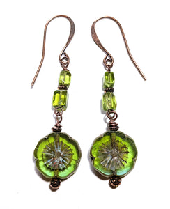 Green Czech Glass Flower Earrings