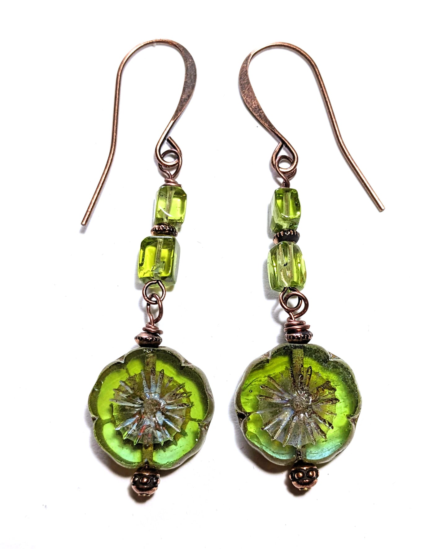 green czech glass flower earrings