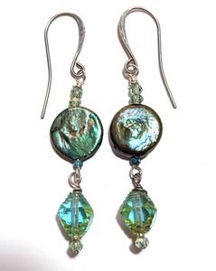 Green Pearl & Glass Earrings