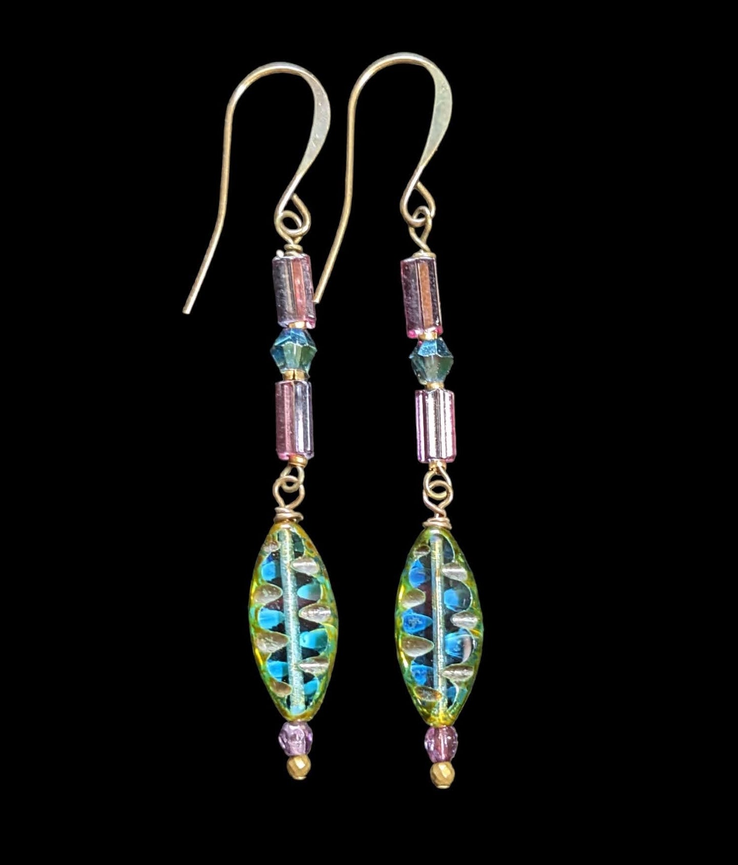 leaf & purple czech glass earrings # 2