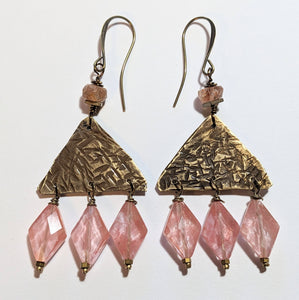 Hammered Triangle Cherry Quartz Earrings