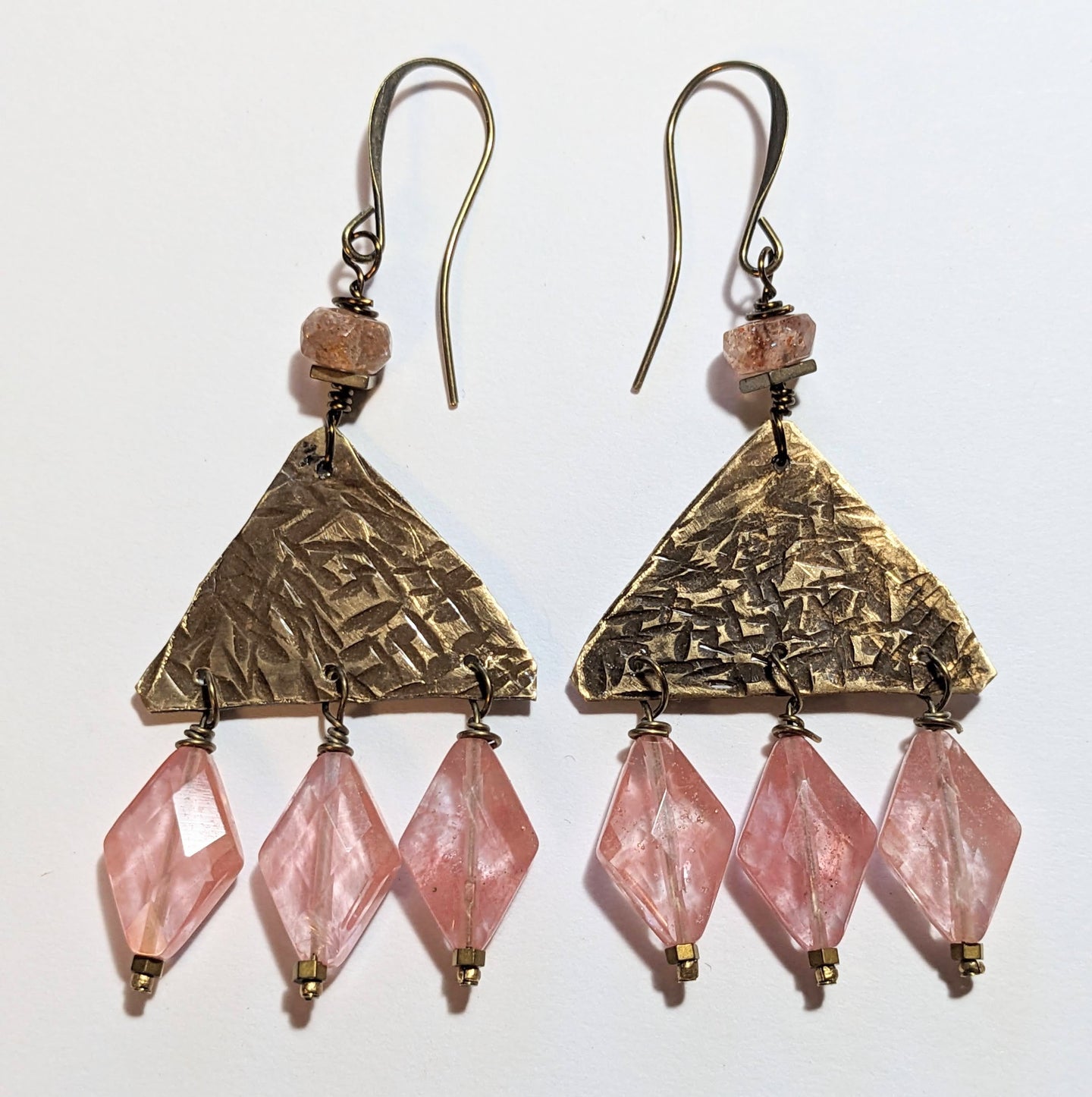 hammered triangle cherry quartz earrings