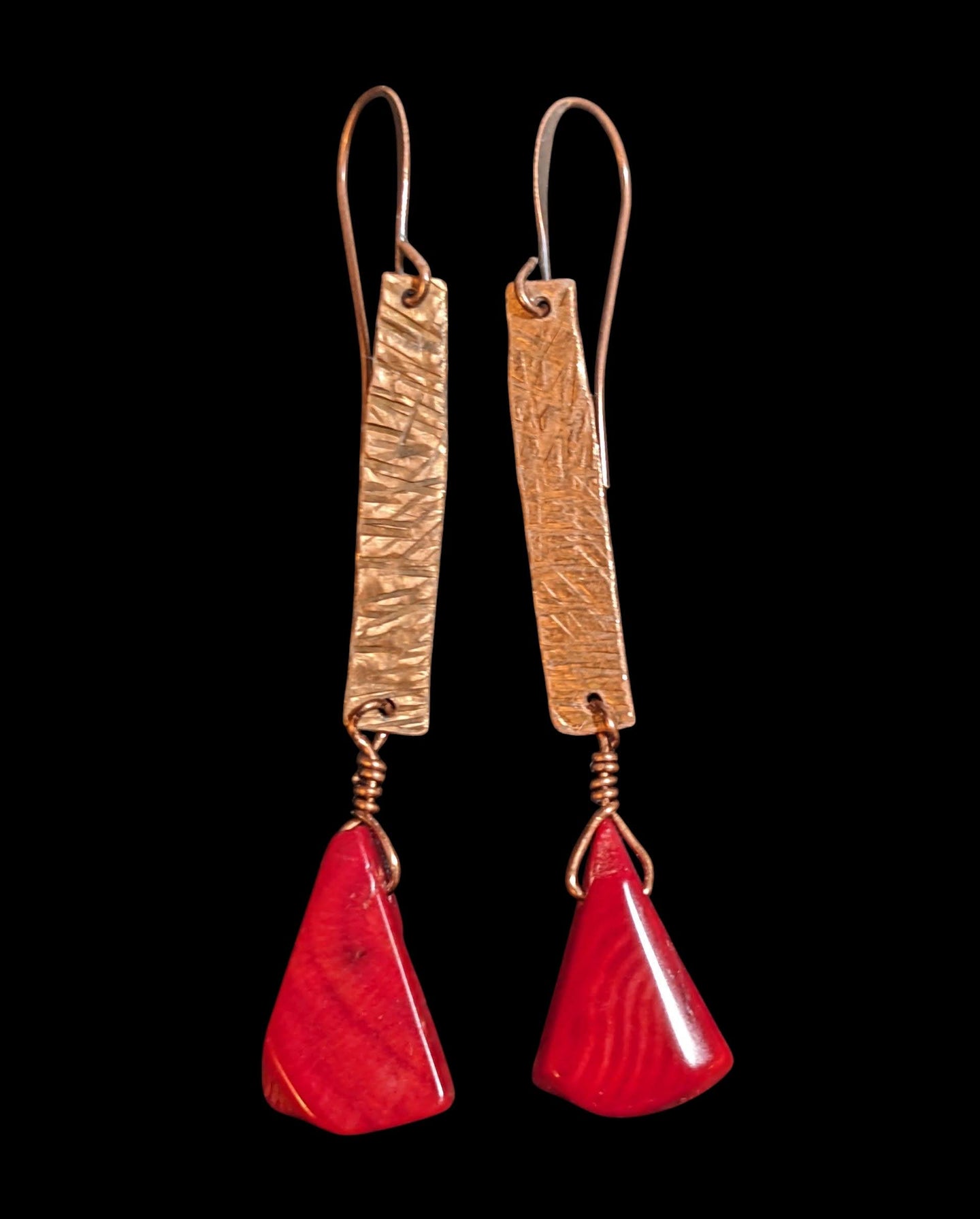 hammered copper & coral earrings
