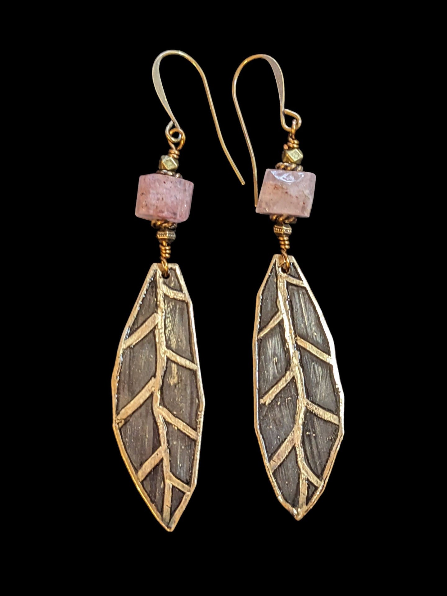 strawberry quartz leaf earrings