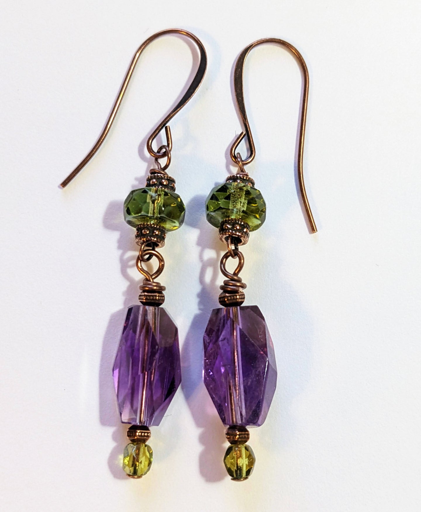 long amethyst & olive glass earrings