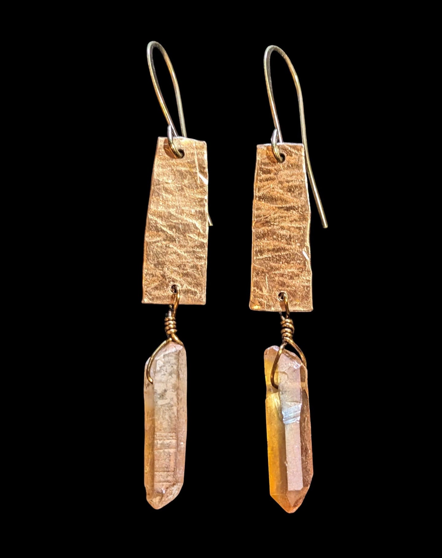 hammered brass & peach quartz crystal earrings