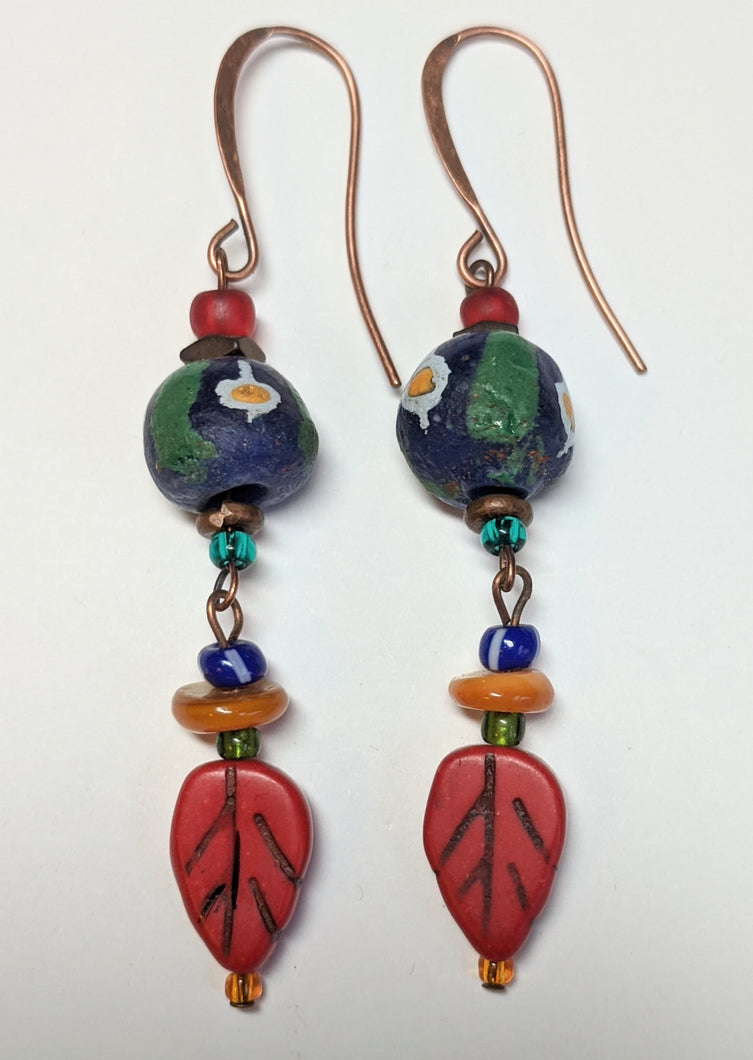African Glass & Leaf Earrings # 1 - Sunroot Studio