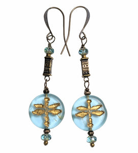 Aqua & Gold Dragonfly Earrings