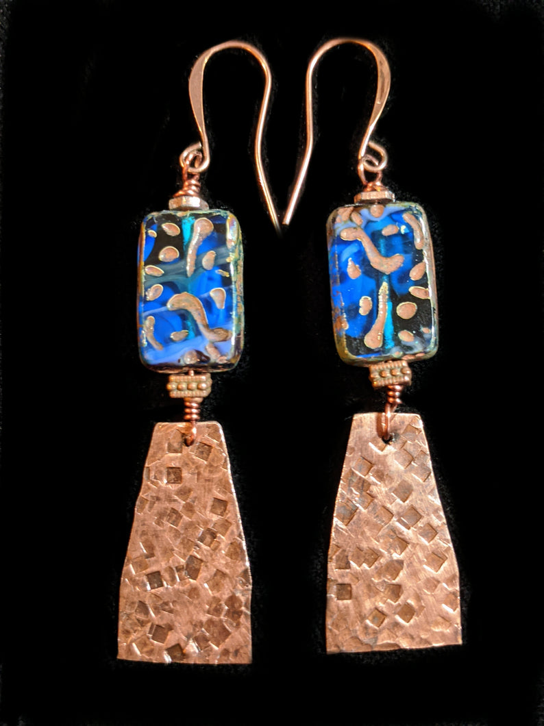 Hammered Copper & Czech Glass Earrings - Sunroot Studio