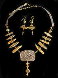 Art  and Metal Jewelry - Brass Oak Leaf & Pearl Necklace Set - Sunroot Studio