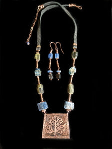 Art and Metal Jewelry - Copper Botanical Necklace Set with Kyanite & Tourmaline - Sunroot Studio