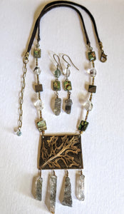 Art and Metal Jewelry - Oak Leaf & Quartz Necklace Set - Sunroot Studio