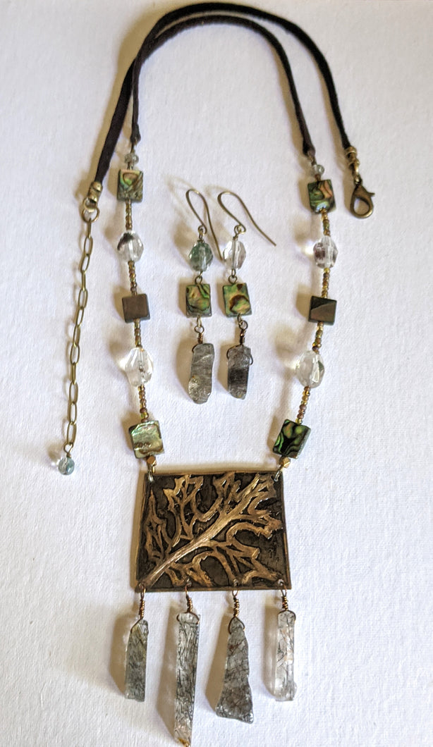 Art and Metal Jewelry - Oak Leaf & Quartz Necklace Set - Sunroot Studio
