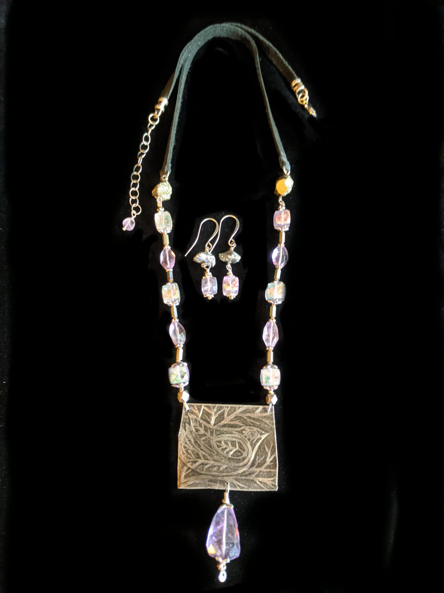 art  and metal jewelry - nickel silver folk bird necklace set - sunroot studio