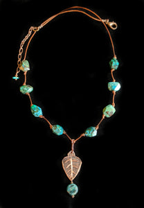 Art and Metal Jewelry - Copper Leaf & Chrysocolla Necklace - Sunroot Studio