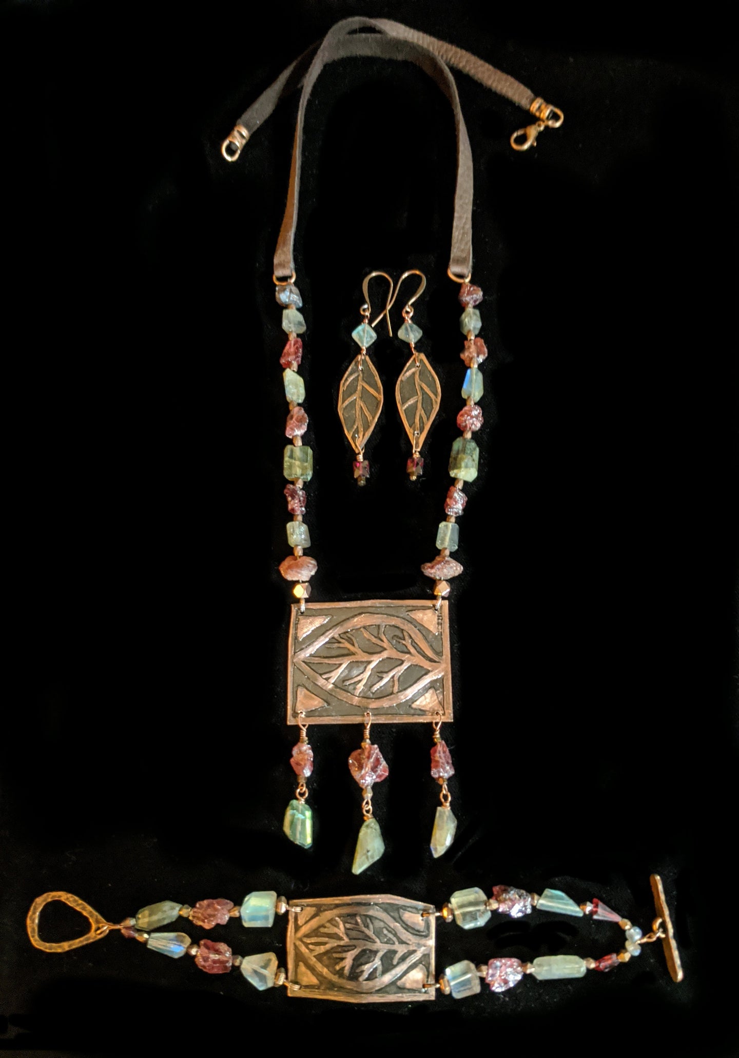  copper leaf & garnet necklace set - sunroot studio