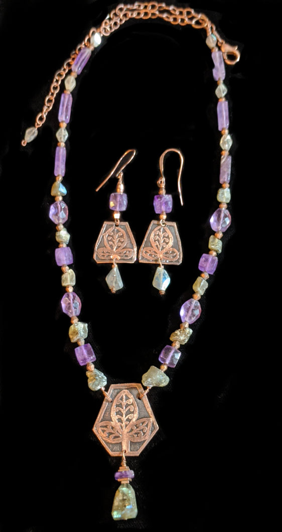 Copper and Art and Metal Jewelry - Amethyst Botanical Necklace Set - Sunroot Studio
