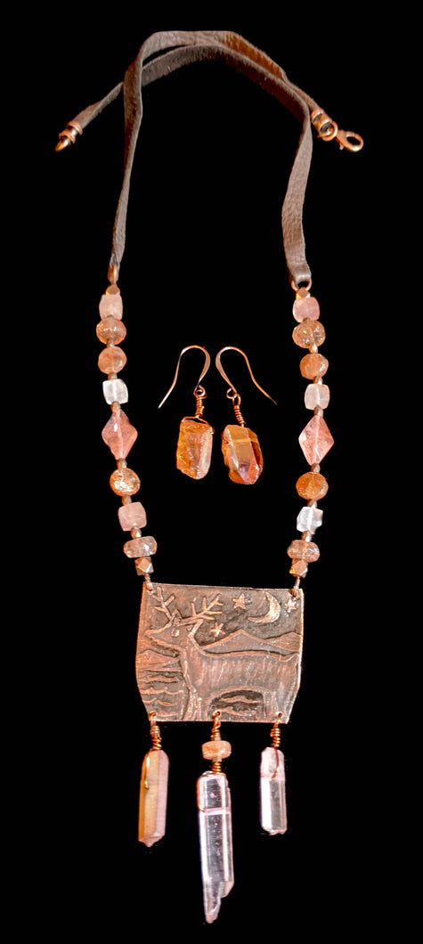 Art and Metal Jewelry - Copper Deer & Moon Necklace Set- Sunroot Studio