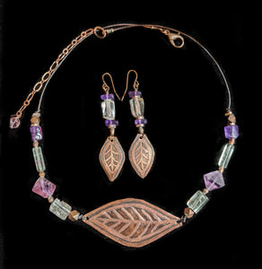 Art and Metal Jewelry - Copper Leaf & Amethyst Necklace Set - Sunroot Studio