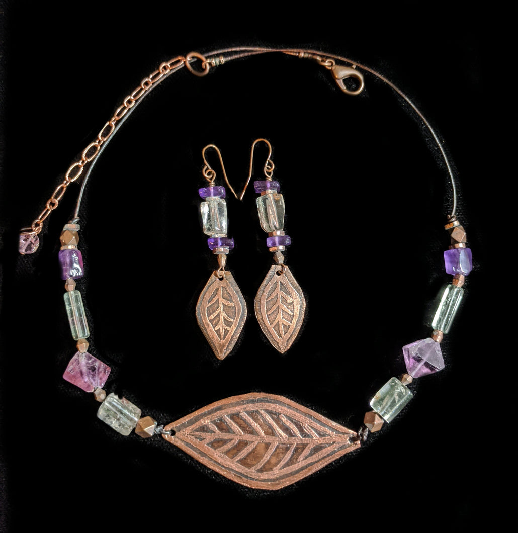 Art and Metal Jewelry - Copper Leaf & Amethyst Necklace Set - Sunroot Studio