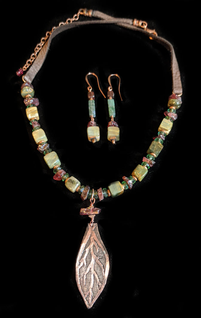 Art and Metal Jewelry - Copper Leaf & Cats Eye Necklace Set - Sunroot Studio
