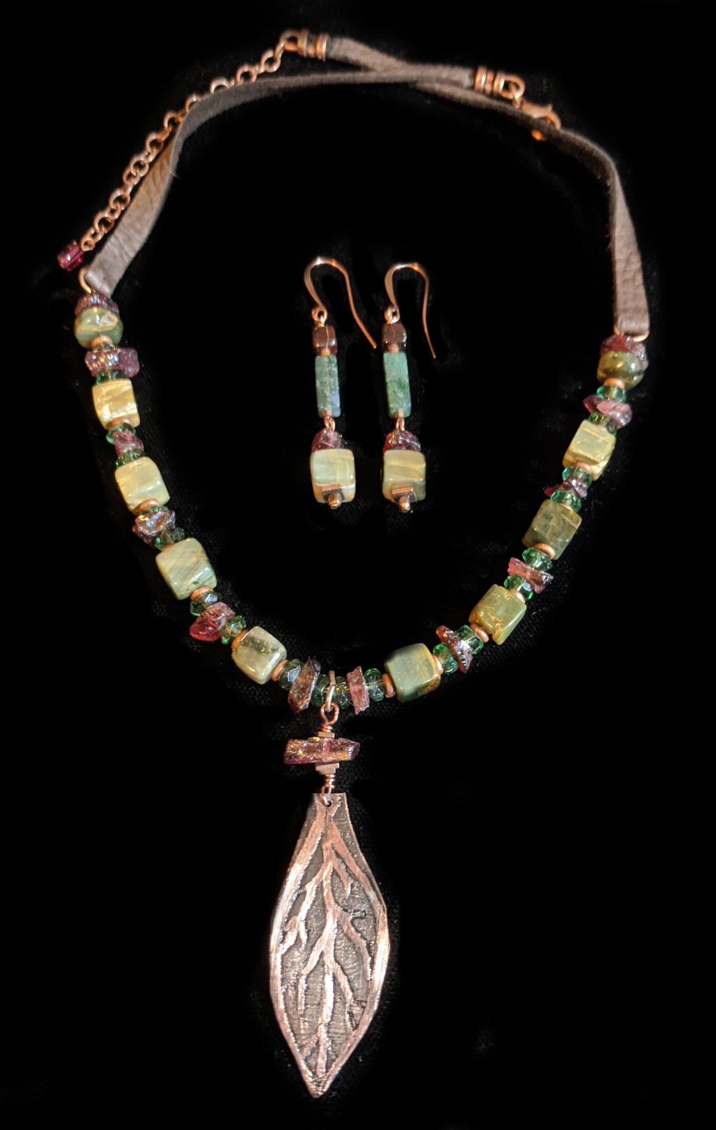  copper leaf & cats eye necklace set - sunroot studio