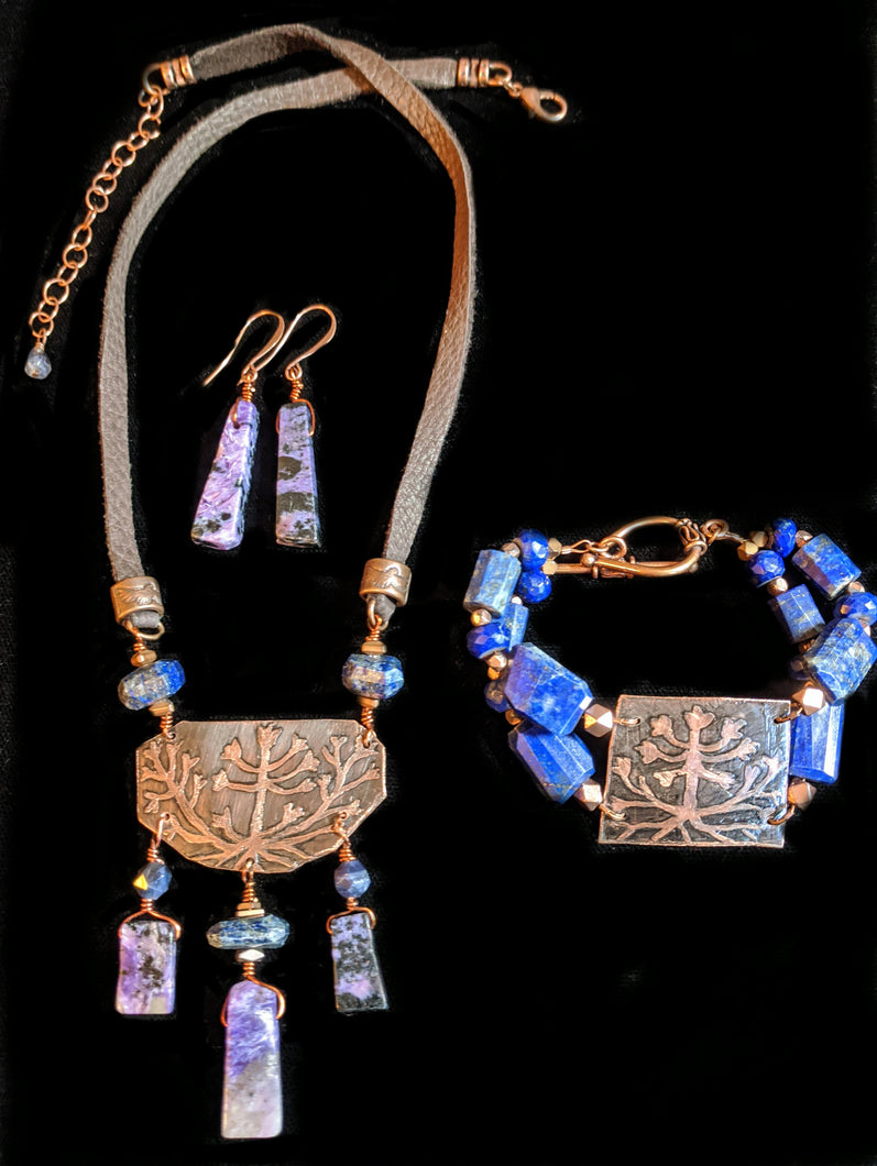 Art and Metal Jewelry - Copper Botanical & Charoite Necklace Set - Sunroot Studio