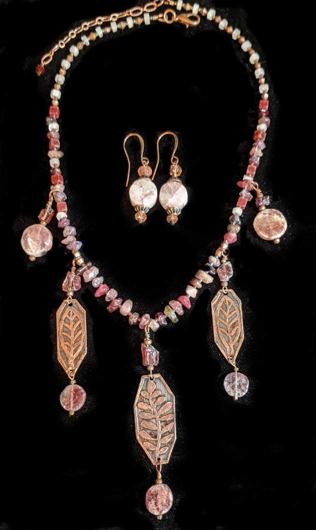 Art and Metal Jewelry - Copper Botanical and Mixed Stones Necklace Set - Sunroot Studio