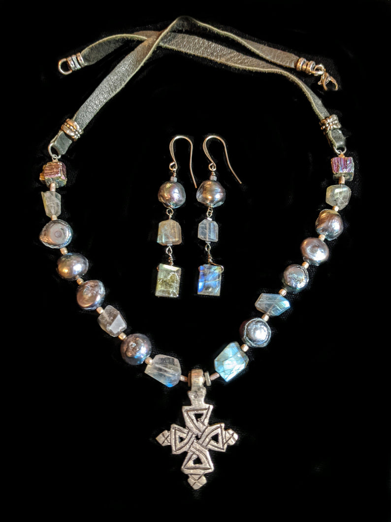 Ethiopian Cross Set with Pearls & Labradorite - Sunroot Studio