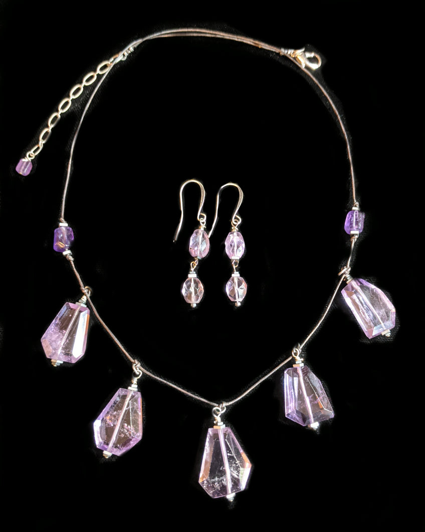 Amethyst & Quartz Leather Necklace Set - Sunroot Studio