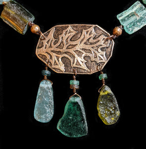 Bronze Oak Leaf & Roman Glass Set