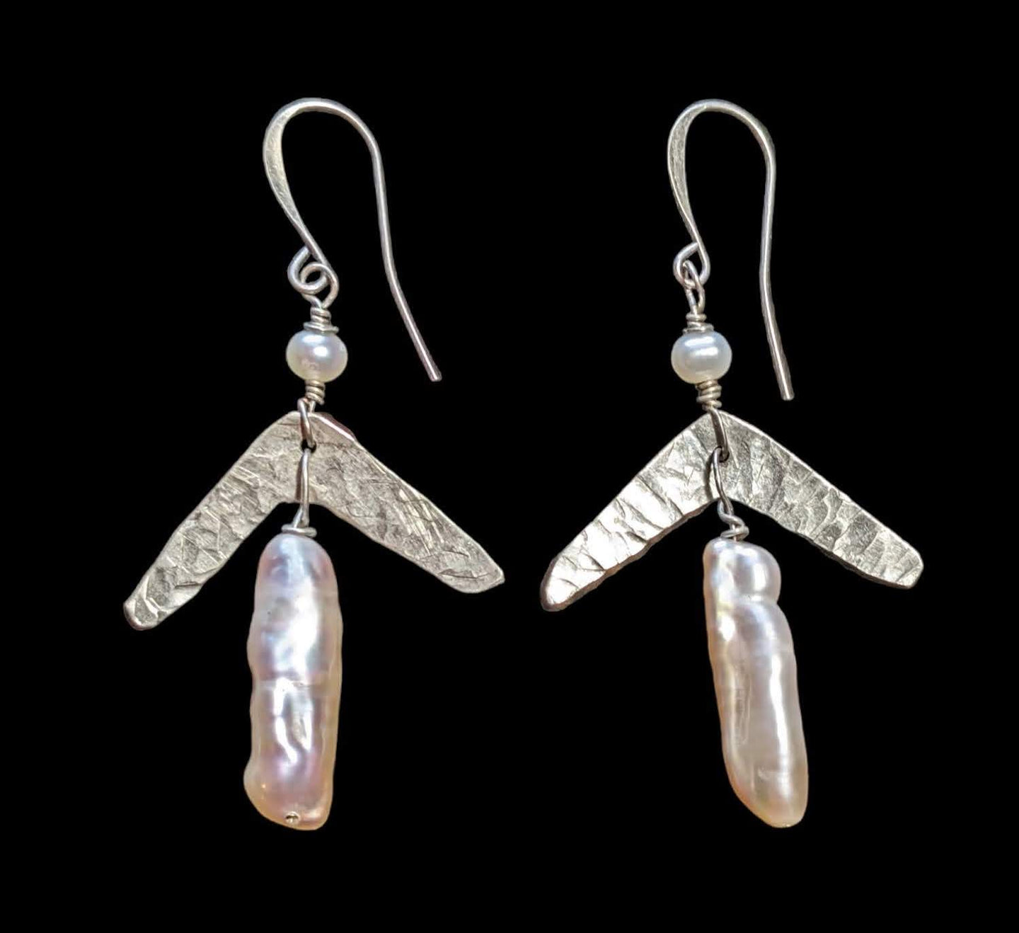 hammered silver & pink pearl earrings