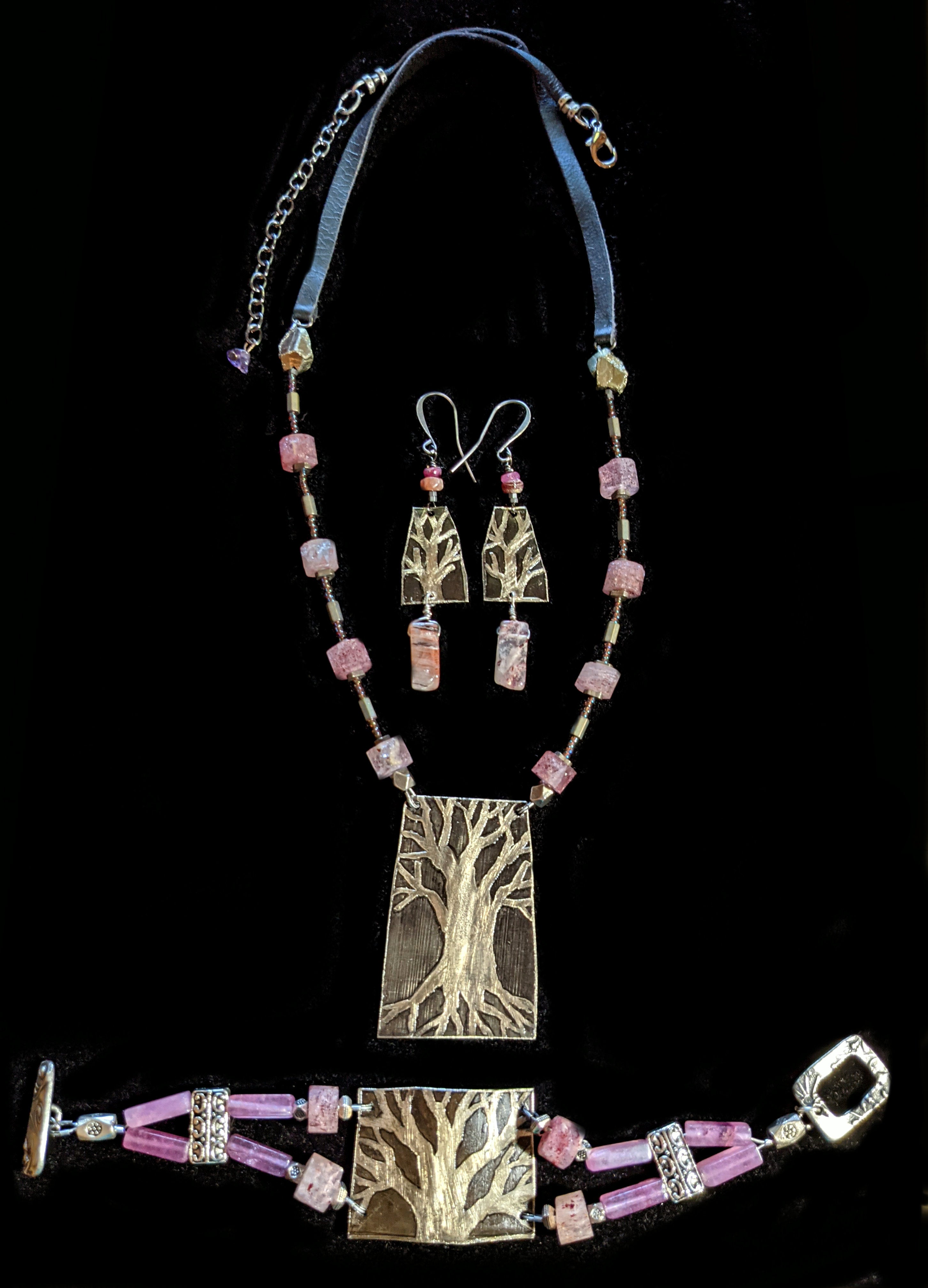 Tree & Strawberry Quartz Set | Original Art and Metal Jewelry