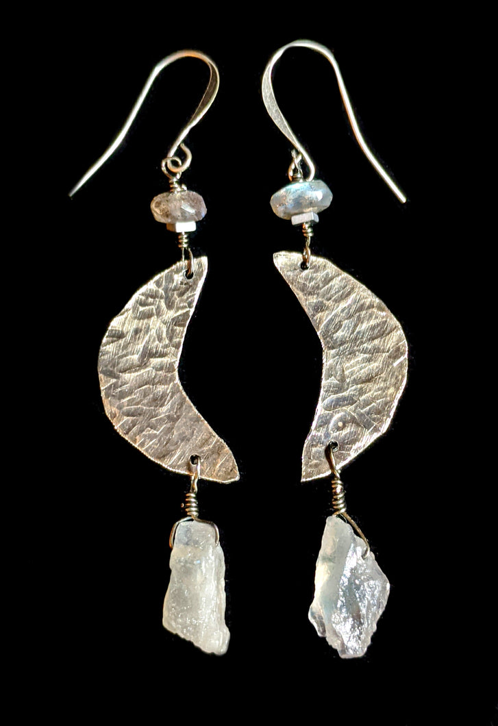Nickel Silver Moon & Labradorite Earrings - Sunroot Studio